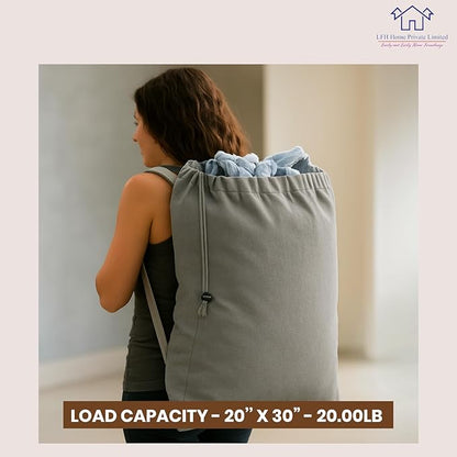 LFH Home Cotton Canvas Large Laundry Bag with Handle, Heavy Duty Drawstring Closure Washable Laundry Bags, School Travel, Home, Hotel, College Dorm, Organizer Sack, Toys Clothes 20x30-Grey