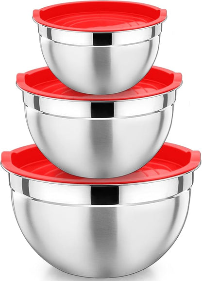 P&P CHEF Red Mixing Bowls with Lids, Stainless Steel Salad Nesting Bowl by PPCHEF