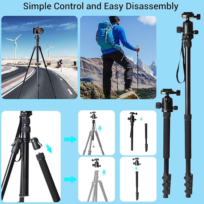 71" Camera Lightweight Foldable Aluminum Tripod & Monopod with 360° Ball Head Payload 33lbs, Adjustable Height Professional Travel Tripod for DSLR Camera Shooting Smartphone