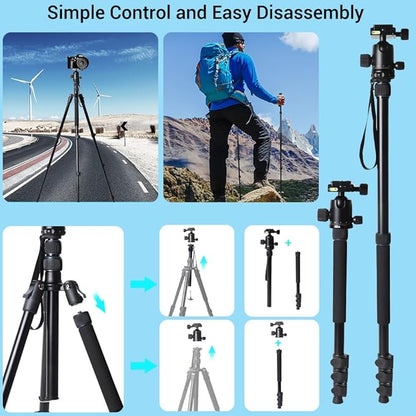 71" Camera Lightweight Foldable Aluminum Tripod & Monopod with 360° Ball Head Payload 33lbs, Adjustable Height Professional Travel Tripod for DSLR Camera Shooting Smartphone