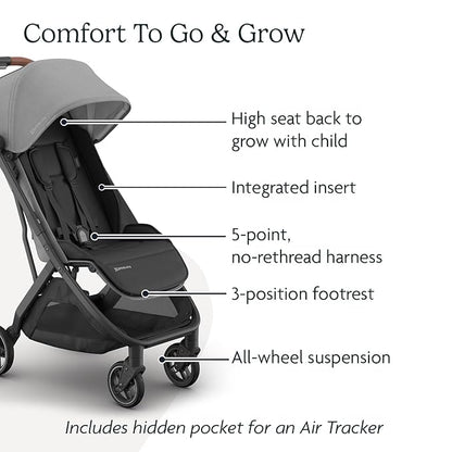 UPPAbaby Minu V3 Travel Stroller | Lightweight + Compact Design | One-Hand Fold + Unfold | from Birth + Overhead Compatible | Greyson (Charcoal Mélange/Carbon Frame/Saddle Leather)