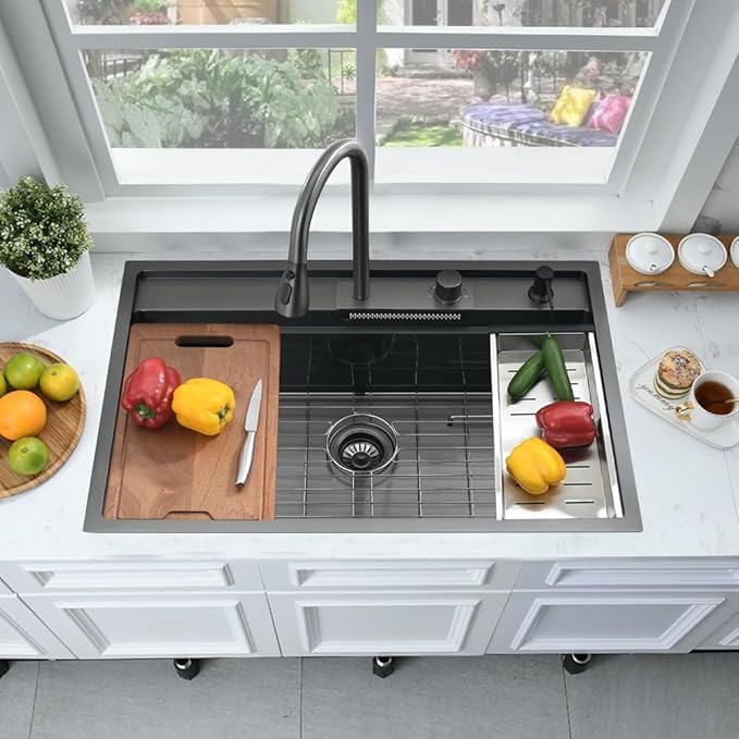 33 Inch Black Waterfall Kitchen Sink Workstation -Bokaiya 33x19 Drop In Kitchen Sink with Faucet Black Stainless Steel Waterfall Sink 16 Gauge Single Bowl Modern Kitchen Sinks with Cutting Board