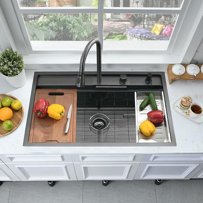 33 Inch Black Waterfall Kitchen Sink Workstation -Bokaiya 33x19 Drop In Kitchen Sink with Faucet Black Stainless Steel Waterfall Sink 16 Gauge Single Bowl Modern Kitchen Sinks with Cutting Board