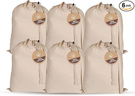 LFH Home Large Premium 100% Cotton Canvas Laundry Bag with Drawstring and Handles Heavy Duty, Multi-Use, and Washable for Home, Travel, College or Storage 24x36 (Pack of 6)-Natural