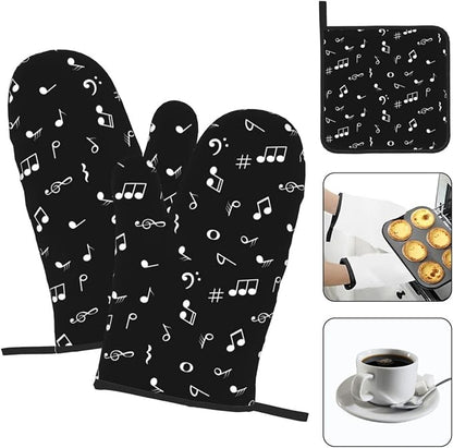 Music Notes Oven Mitts and Pot Holders Sets of 3 Black Hot Pads Musicial Oven - Image 3