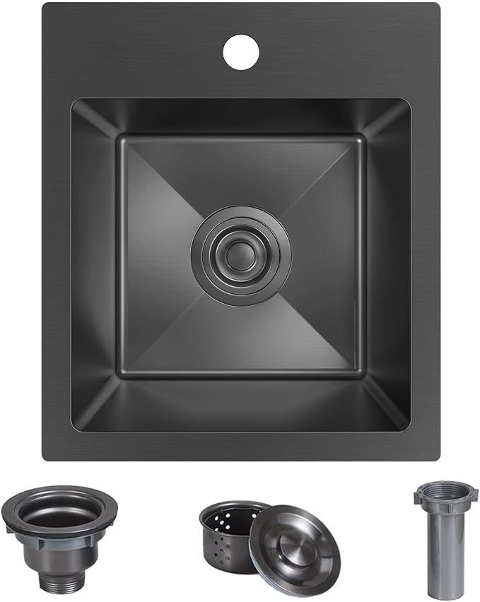 13 x 15 inch Drop in Bar Sink Black, Small Topmount Kitchen Sink Single Bowl 18 Gauge Handmade Wet Bar Sink with Drain
