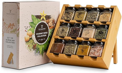 TILZ GEAR Wooden 3-Tier Spice Rack, 12 Filled Glass Jars, 12 Organic Spices by Tilz
