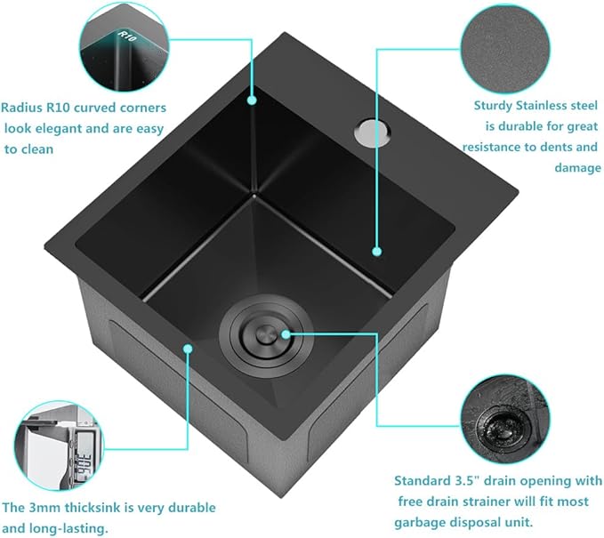 ARTLINE 13 x 15 Inch Black Drop in Bar Sink, Stainless Steel Single Bowl Kitchen Sink, Small Topmount 9 Inch Deep Wet Bar sink for Outdoor Prep RV Yard Laundry Utility with Dish Grid & Drain