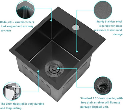 ARTLINE 15 x 17 Inch Black Drop in Bar Sink, Stainless Steel Single Bowl Kitchen Sink, Small Topmount 9 Inch Deep Wet Bar sink for Outdoor Prep RV Yard Laundry Utility with Dish Grid & Drain