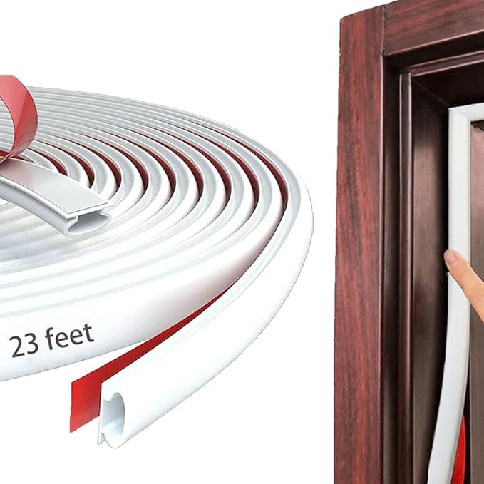 White Rubber Weather Stripping Door Seal Strip, D Shape Door Rubber Weather Seal Strip, SelfAdhesive Weatherstripping Soundproofing Doors Sealing Strip for Windows (23 feet, White)