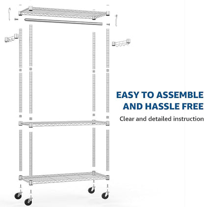 Heavy Duty Rolling Garment Rack 3 Tiers Adjustable Wire Shelving Clothes Rack - Image 9