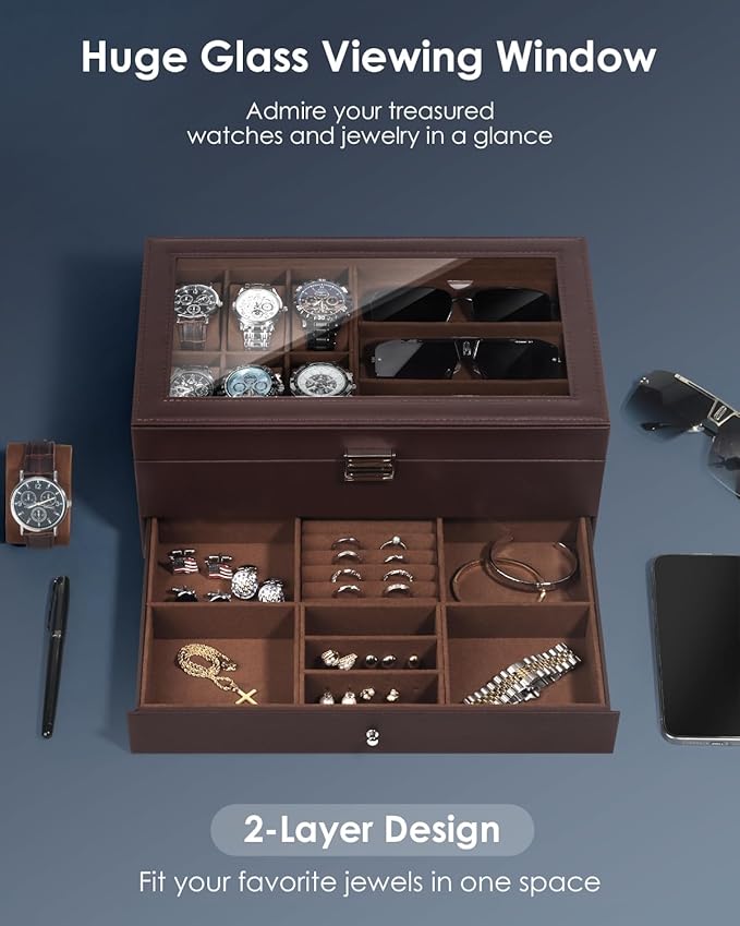 Watch Jewelry Box Organizer, 6-Slot 2-Layer Watch Case and Sunglasses Storage with Large Glass Lid, Men's Jewelry Box with Lock, Watch Holder Display Case, Gift for Men Women