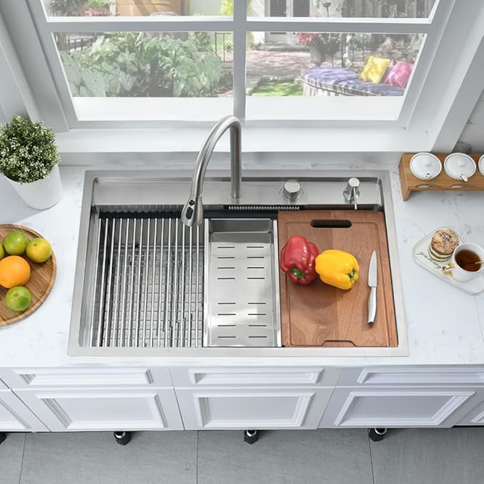 33 Inch Drop In Waterfall Kitchen Sink Workstation-Bokaiya 33x19 Drop In Kitchen Sink with Faucet Combo Stainless Steel Waterfall Sink Top Mount 16 Gauge 10" Deep Single Bowl Kitchen Sinks