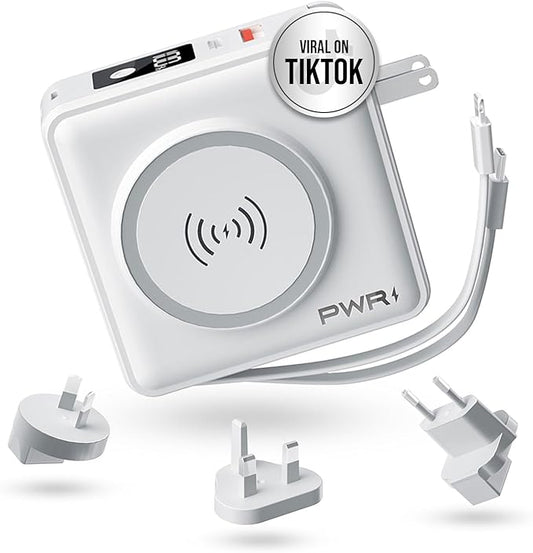 PWR Travel PRO 5-in-1 Power Bank – 10,000mAh with Built-in Cables – 20W USB-C + 15W Wireless Charging – Compact Portable Charger for iPhone & Android - White