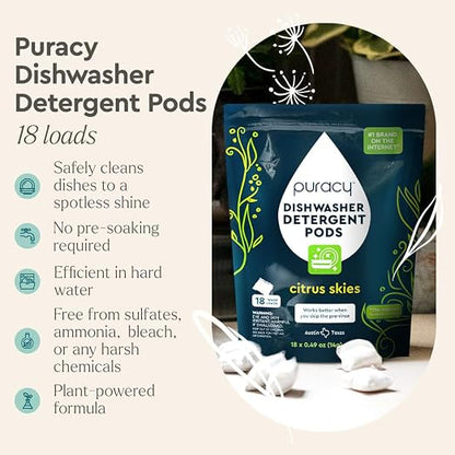 Puracy Dishwasher Pods, Natural Dishwasher Detergent, Free & Clear Dish tabs - Image 2