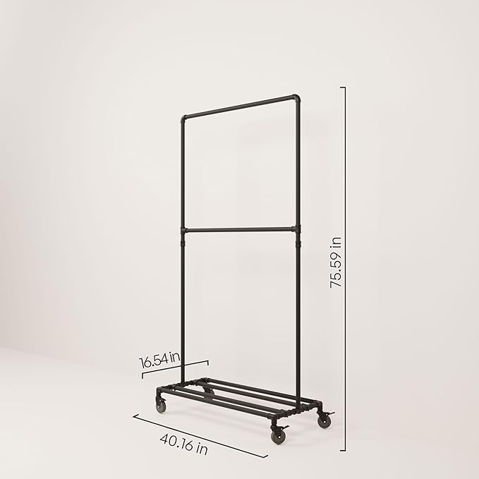 pamo Industrial Pipe Clothing Rack with Shelf - 130 lbs Capacity - Free Standing Clothes Rack and Walk In Closet for Wardrobe