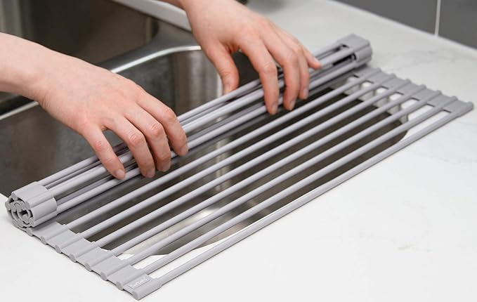 Surpahs Over Sink Foldable Multipurpose Roll-Up Dish Drying Rack, Silicone Wrapped Stainless Steel, Warm Gray, 17.5" x 13.1"