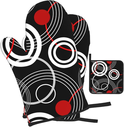 Modern Black Red Retro Oven Mitts and Pot Holders Sets of 3 Abstract Modern Hot - Image 2