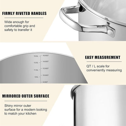 TeamFar 16QT Stock Pot, Stainless Steel Stockpot Large Induction Cooking Pot - Image 3