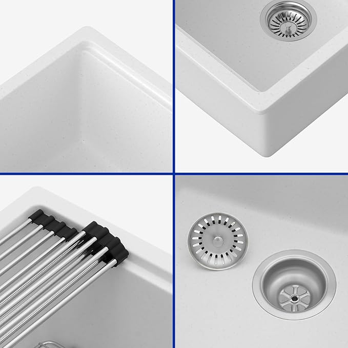 Dcolora 28 Inch White Undermount Kitchen Sink Workstation Single Bowl Modern Kitchen Sink Granite Composite,#DC-GU0003WS