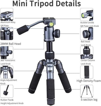 Portable Desktop Mini Tripod with Panning Handle, 20" / 52cm Desk Tabletop Aluminum Alloy with 360° Ball Head, Compact Tripod for DSLR Camera Video Camcorder, Load up to 13lb / 6kg