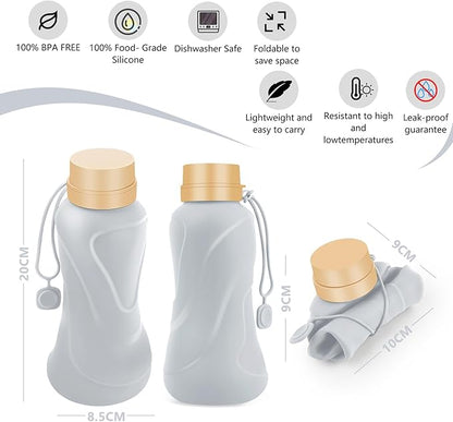 Collapsible Water Bottles 2 Pack,Leak Proof,Reuseable BPA Free Silicone Foldable Water Bottles,Durable Lightweight for Travel Gym Camping Hiking,Compact Size Portable Sports Water Bottle (Black&Grey)