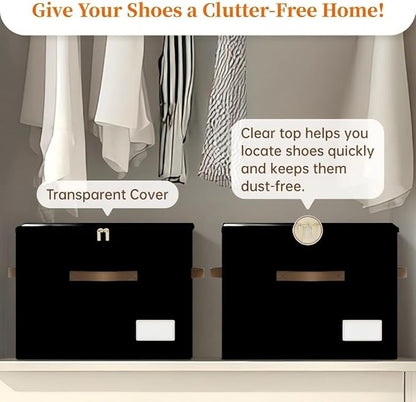 3 Pack Shoe Organizer for Closet, Foldable Shoe Storage Containers, Fits up to 24-48 Pairs, Shoe Storage Organizer Box Cubby Baskets Bins with Clear Cover and Reinforced Handles, Black
