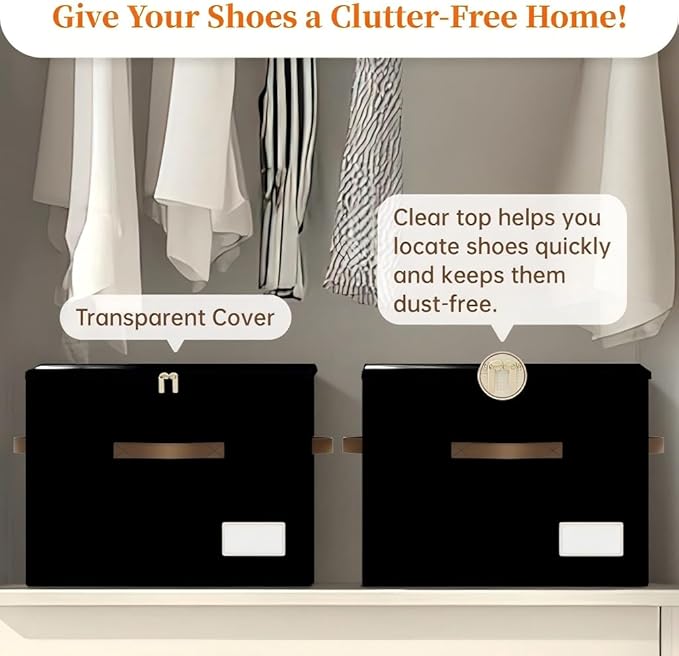 Shoe Organizer for Closet, 2 Pack Foldable Shoe Storage Containers, Fits up to 16-32 Pairs, Shoe Storage Organizer Box Cubby Baskets Bins with Clear Cover and Reinforced Handles, Black