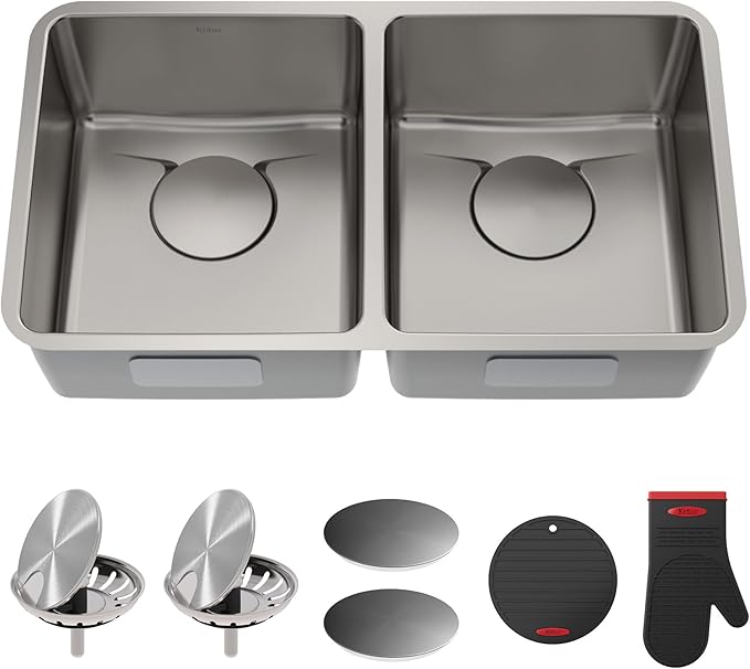 KRAUS Dex 33-Inch Undermount 50/50 Double Bowl TRU16 Gauge Stainless Steel Kitchen Sink with DrainAssure WaterWay and VersiDrain Assembly in Radiant Pearl Finish, KD1UD33B