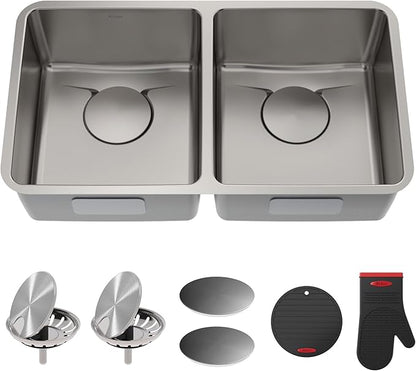 KRAUS Dex 33-Inch Undermount 50/50 Double Bowl TRU16 Gauge Stainless Steel Kitchen Sink with DrainAssure WaterWay and VersiDrain Assembly in Radiant Pearl Finish, KD1UD33B