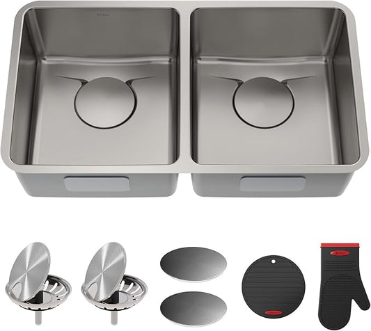 KRAUS Dex 33-Inch Undermount 50/50 Double Bowl TRU16 Gauge Stainless Steel Kitchen Sink with DrainAssure WaterWay and VersiDrain Assembly in Radiant Pearl Finish, KD1UD33B