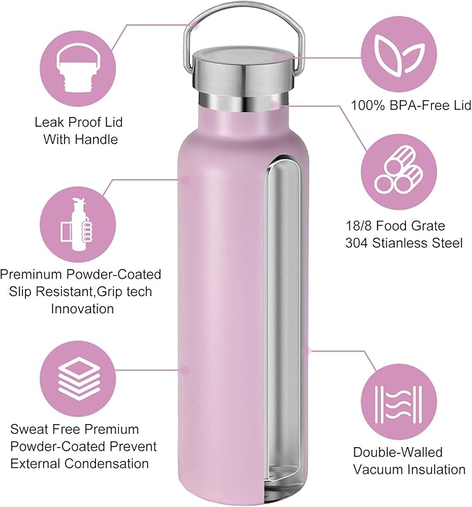 Neihepal Pink Stainless Steel Water Bottles, 20 Ounce Vacuum Insulated Double - Image 3