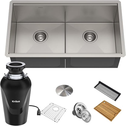 KRAUS Kore™ Workstation 33-inch Undermount 16 Gauge Double Bowl Stainless Steel Kitchen Sink with Accessories (Pack of 8) with WasteGuard™ Continuous Feed Garbage Disposal, KWU112-33-100-75MB