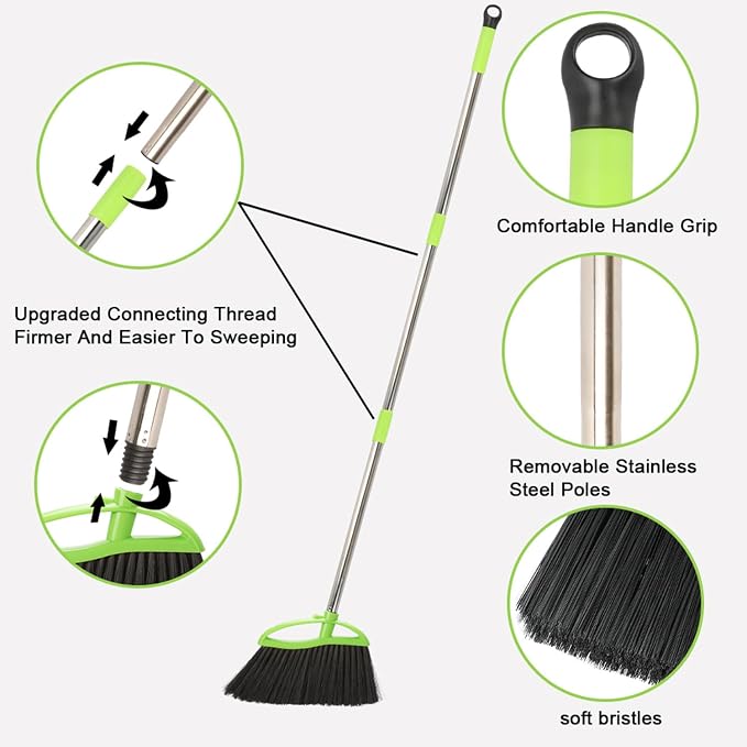 3 Packs Indoor Brooms Green Angle Broom Soft Bristles Long Handle - Image 4