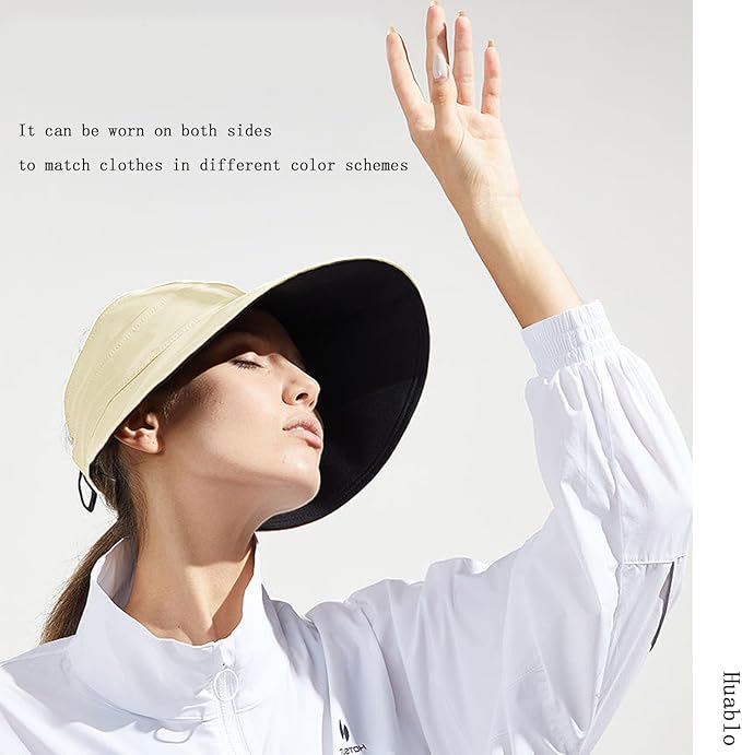 Sun Hats for Womens Wide Brim UV Protection Fishing Hats Packable Reversible Hollow Top Hat with Ponytail Beach Travel Hats