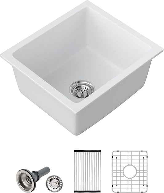 Dcolara 15 Inch White Undermount Wet Bar Sink Single Bowl Kitchen Sink Modern prep sink Granite Composite,DC-GUW001