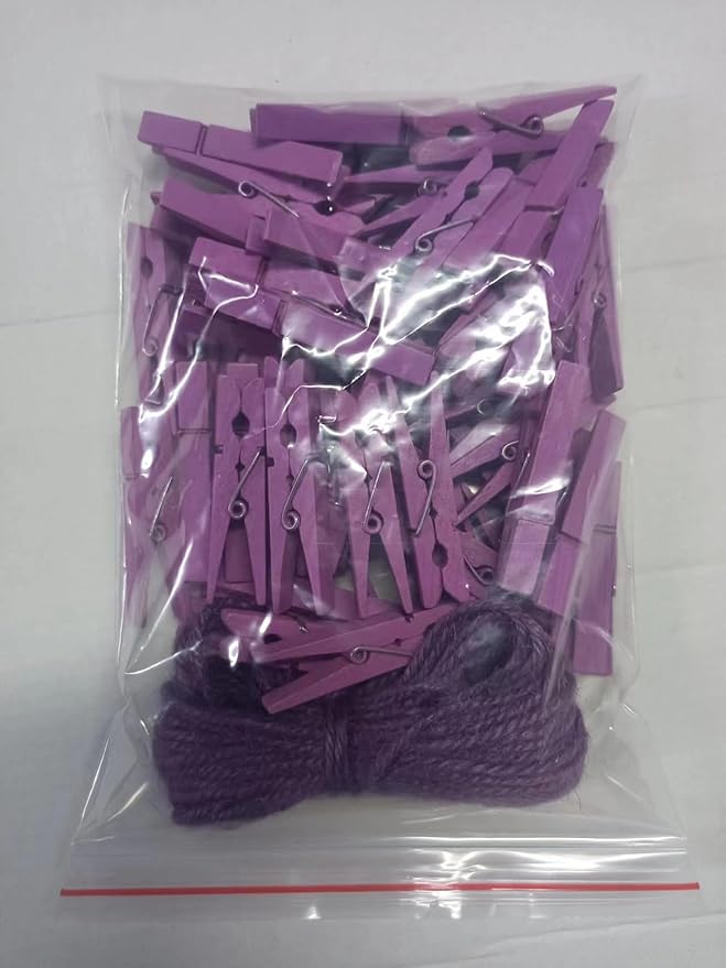 1.9" Small Wooden Clothes Pins Baby Shower Light Purple Mini Clips Photo Holder Hanging Crafts Clothespin Pack 50 with Clothesline
