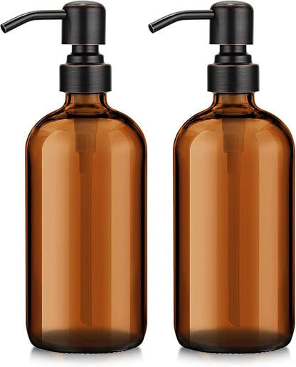 AmazerBath Amber Glass Soap Dispensers, 2 Glass Amber Pump Bottles, 17 Oz Dish by AmazerBath