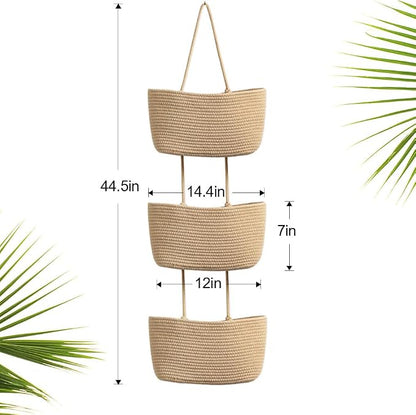 TeoKJ Over the Door Hanging Basket, 3-Tier Woven Cotton Wall-Mounted Storage - Image 3