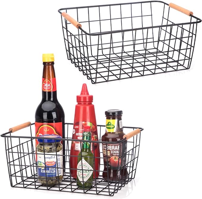 LeleCAT Wire Baskets with Wooden Handles Wire Storage Organizer Bin Baskets by LeleCAT