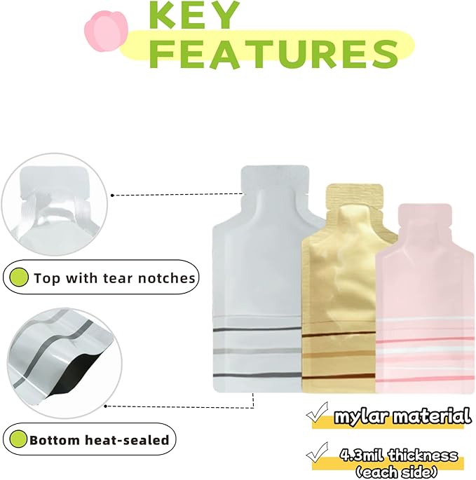 100 Pack 2.95x5.1 inch Heat Seal Sample Mylar Packets for Portable Travel Toiletries Empty Disposable Liquid Shampoo Pouch Single Serving Coffee Powder Condiments Food Storage (Gold)