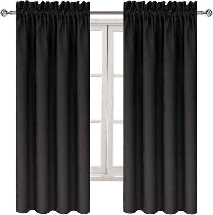 DWCN Black Room Darkening Blackout Curtains - Rod Pocket Thermal Insulated Privacy Energy Saving Window Curtain Drapes 42x 72 inch Length, Set of 2 Bedroom Living Room Curtains