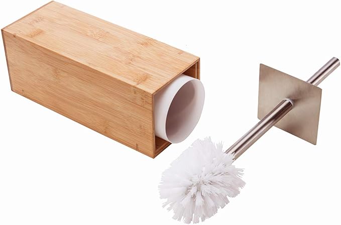 GOBAM Bamboo Toilet Bowl Cleaner with Holder for All Toilet Types - Hidden Stainless Steel Toilet Brush - Bathroom Cleaning Brushes - Toilet Accessories - Natural