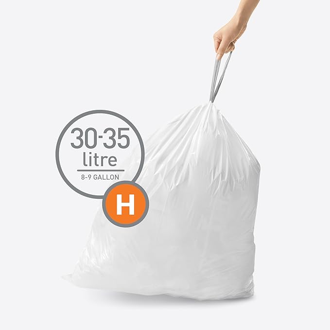 simplehuman Code H 200 Count, Dispenser Pack Custom Fit Liners, Drawstring Trash Bags, 30-35 Liter / 8-9 Gallon, White
