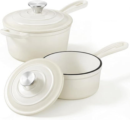 2 Pcs Enameled Sauce Pan with Lid, Leonyo 1 Qt & 2 Qt Cast Iron Saucepan Set by Leonyo