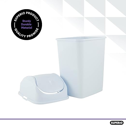 Superio Small 2.5 Gallon Plastic Trash Can with Swing Top Lid, Compact Slim Waste Bin for Under Desk, Office, Bedroom, Bathroom, Dorm Room, 10 Qt. Portable Garbage Can (White)