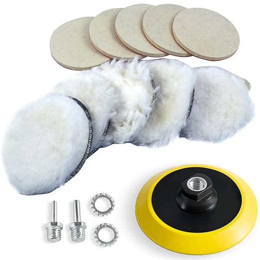 LINE10 Tools 5-Inch Wool Polishing Kit for Drill or Angle Grinder or Orbital, Includes 5 Hard Felt, 5 Soft Wool Buffing Pads with Hook and Loop, Drill Adapter Attachment, Small Car Buffer Auto Glass