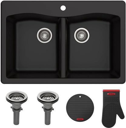 KRAUS Forteza 33-inch Drop in/Undermount 50/50 Double Bowl Granite Kitchen Sink in Black, KGD-52BLACK