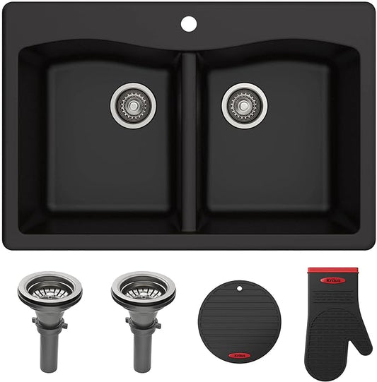 KRAUS Forteza 33-inch Drop in/Undermount 50/50 Double Bowl Granite Kitchen Sink in Black, KGD-52BLACK
