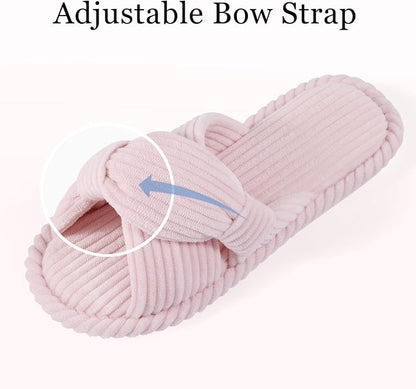 Evshine Summer House Slippers for Women Corduroy Cross Bow Indoor Slippers Open - Image 3